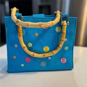 Tianni Bamboo Handle Vibrant Blue and Yellow Tote with Playful Design